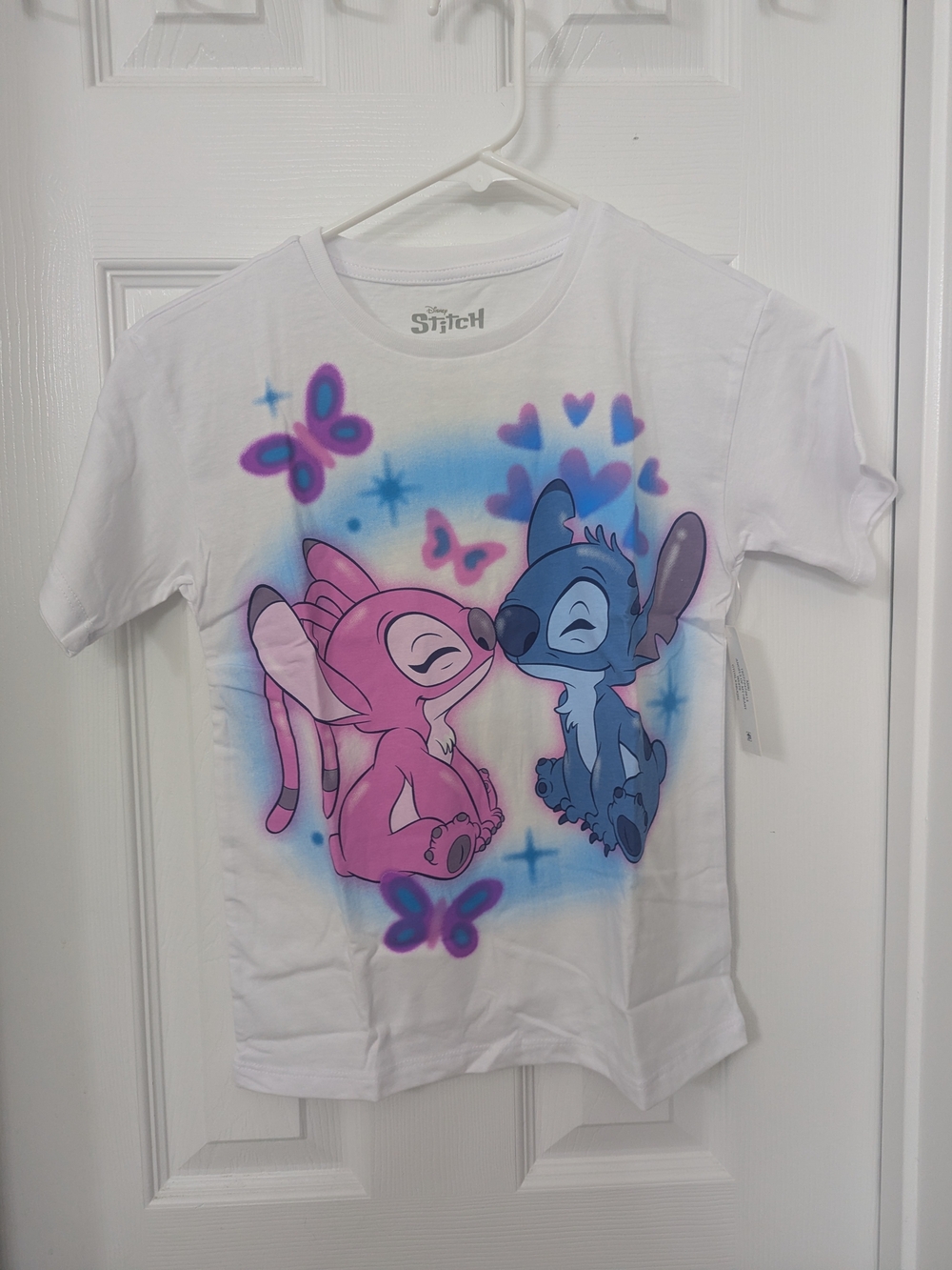 Disney White Kids Tee with Pink Angel & Blue Stitch Graphic